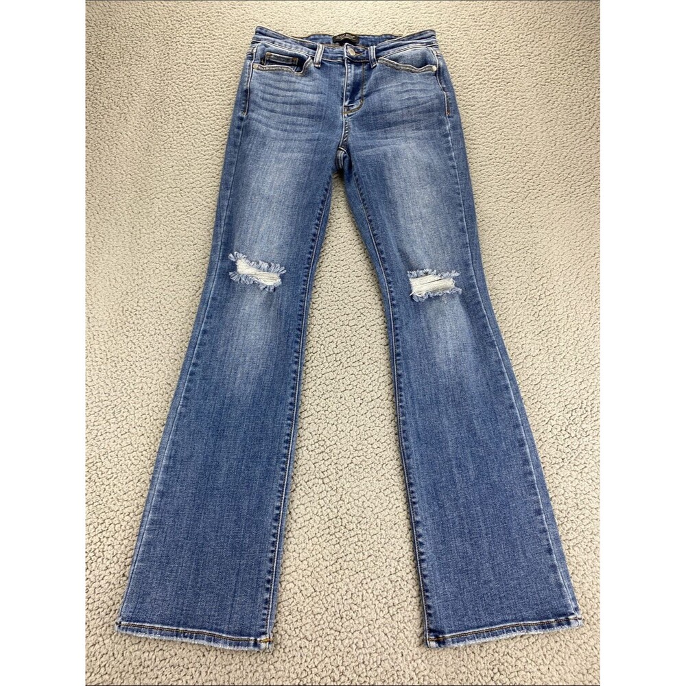 Judy Blue Women Mid Rise Pocket Tooling Knee Destroy Bootcut Jeans Size: 7/28